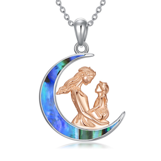 Sterling Silver Two-tone Abalone Shellfish Mother & Daughter Moon Pendant Necklace