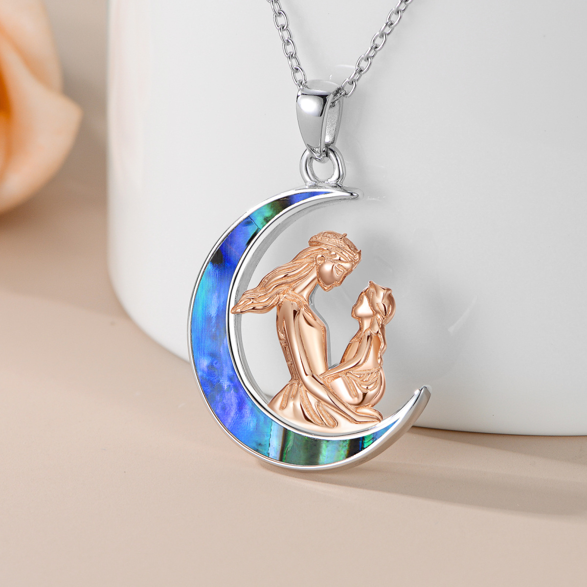 Sterling Silver Two-tone Abalone Shellfish Mother & Daughter Moon Pendant Necklace-3