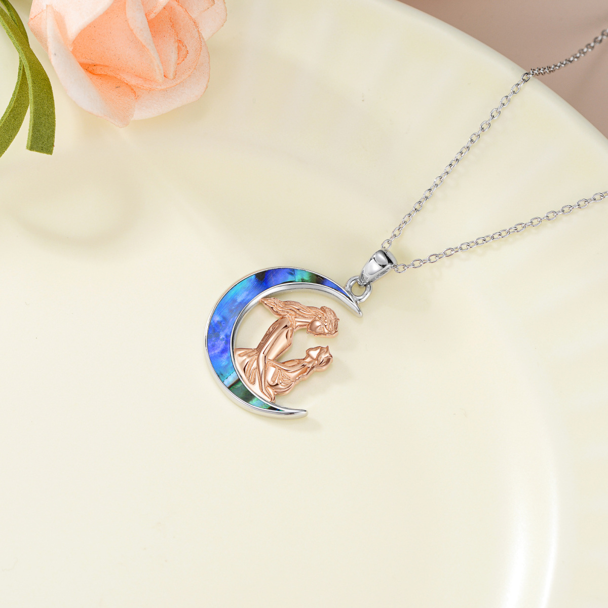 Sterling Silver Two-tone Abalone Shellfish Mother & Daughter Moon Pendant Necklace-4