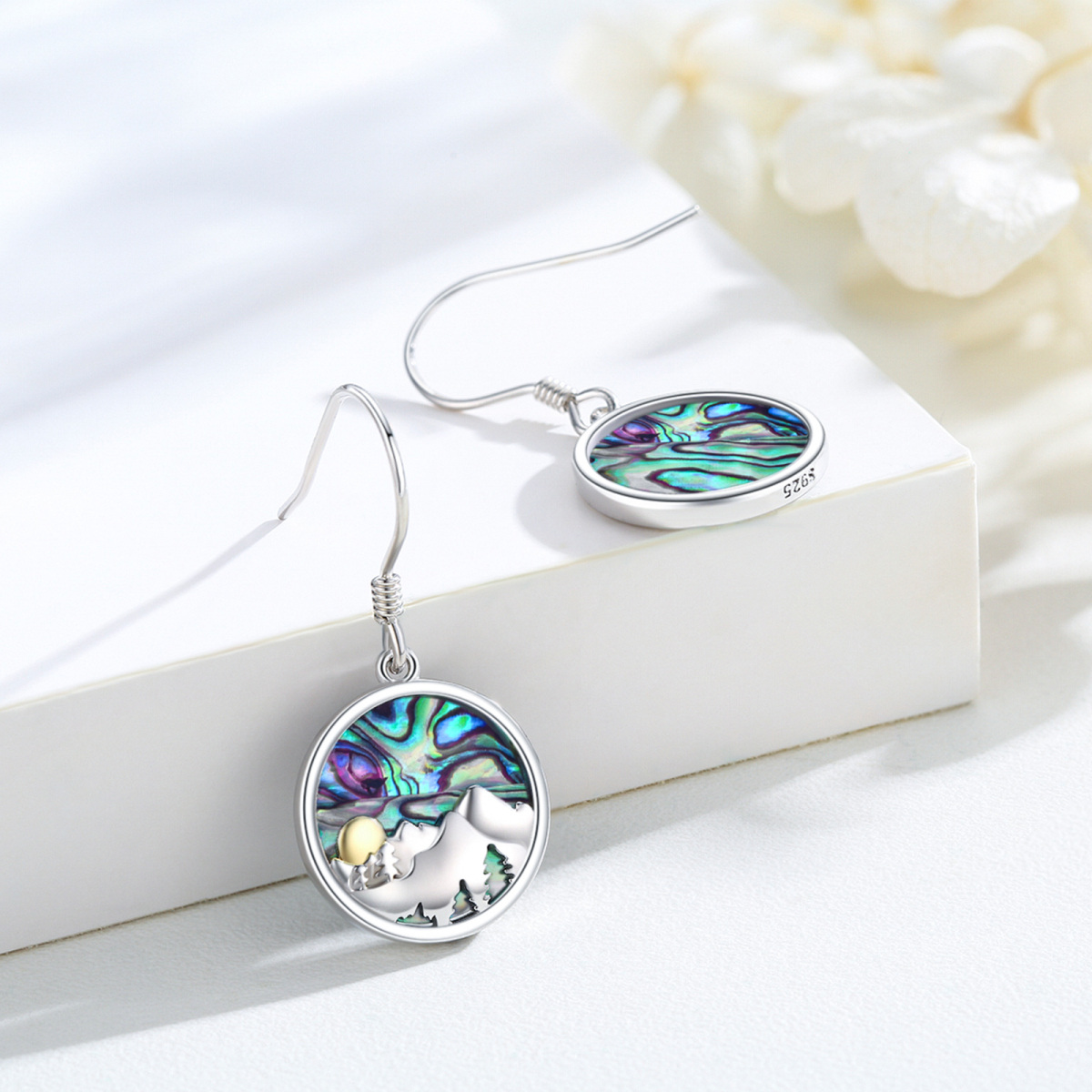 Sterling Silver Two-tone Abalone Shellfish Mountains Drop Earrings-3