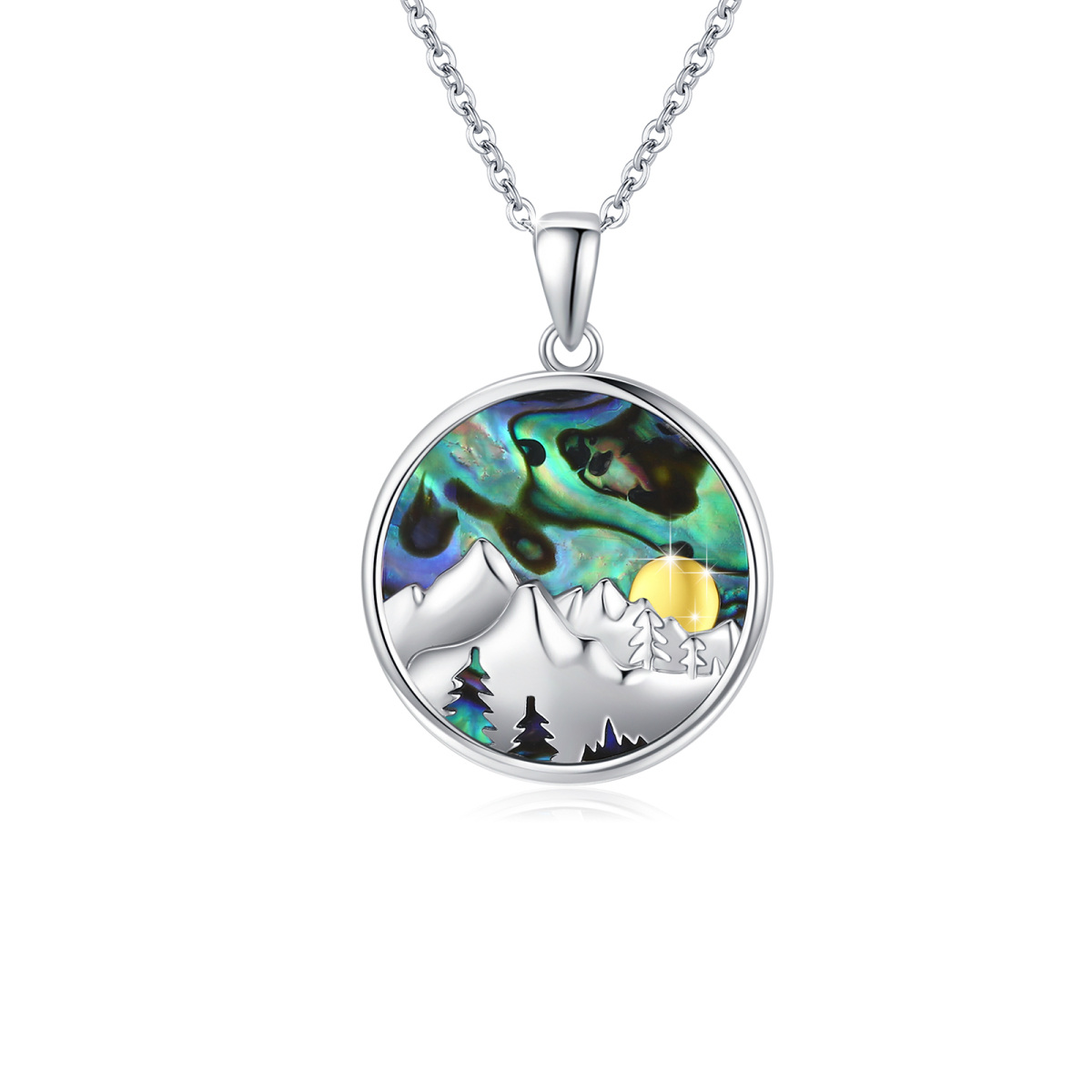 Collana con ciondolo in argento sterling bicolore con semi di senape, montagne di conchiglie e abalone-1