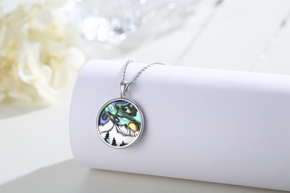 Sterling Silver Two-tone Abalone Shellfish Mountains & Mustard Seeds Pendant Necklace-5