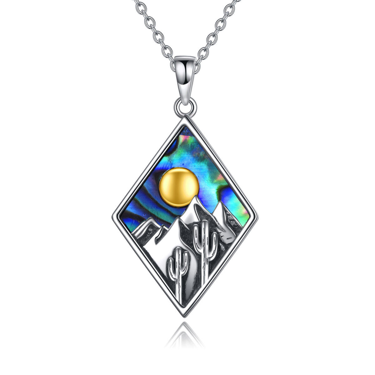 Sterling Silver Two-tone Abalone Shellfish Mountains & Sun Pendant Necklace-1