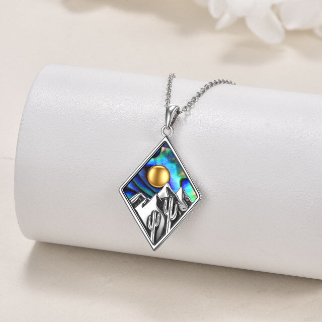 Sterling Silver Two-tone Abalone Shellfish Mountains & Sun Pendant Necklace-3