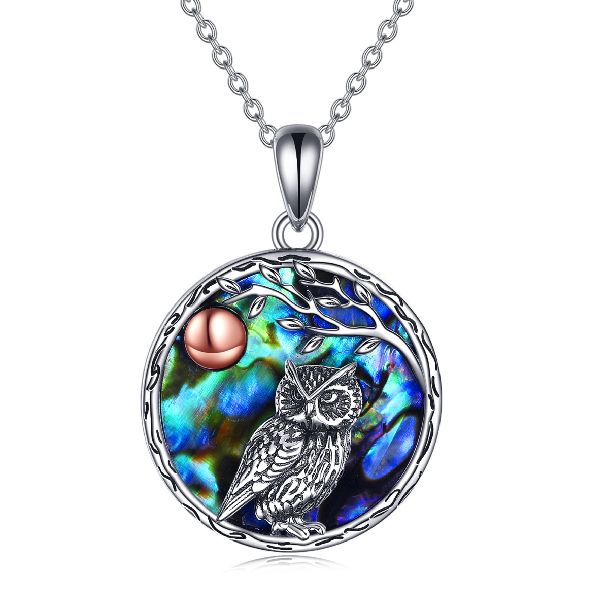 Sterling Silver Two-tone Abalone Shellfish Owl Pendant Necklace-1