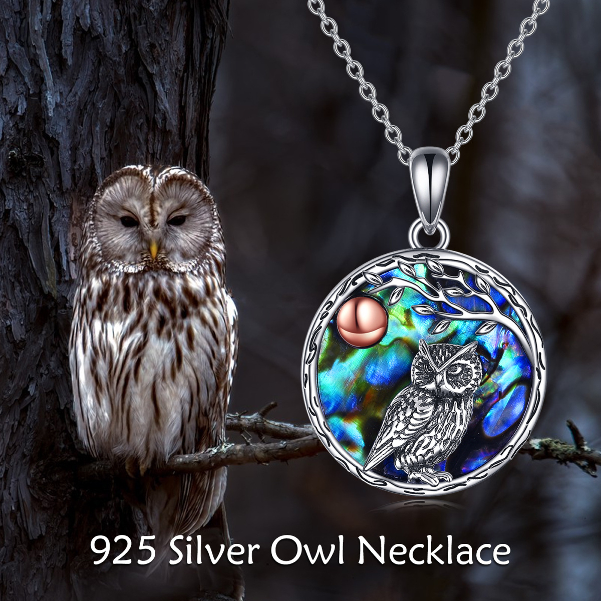 Collier pendentif hibou coquillages et coquillages en ormeau bicolore en argent sterling-6