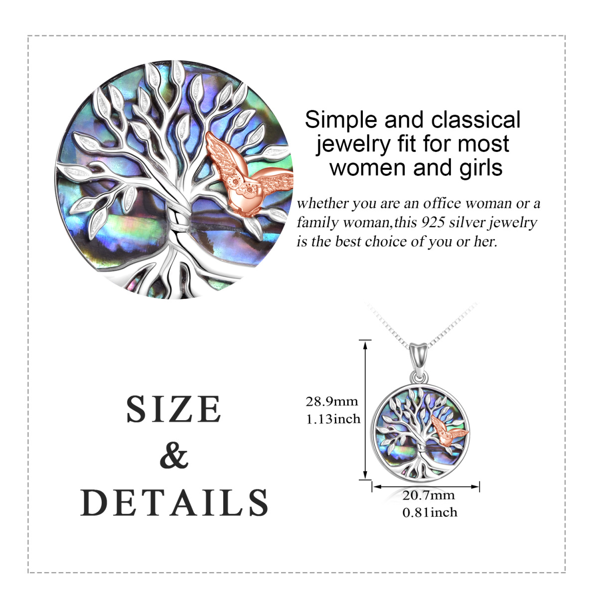 Sterling Silver Two-tone Abalone Shellfish Owl & Tree Of Life Pendant Necklace-5