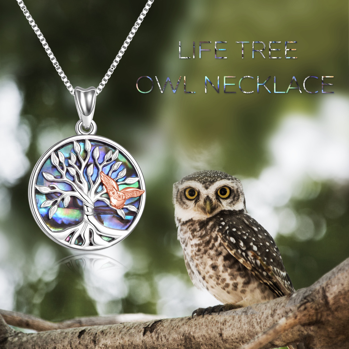 Sterling Silver Two-tone Abalone Shellfish Owl & Tree Of Life Pendant Necklace-6