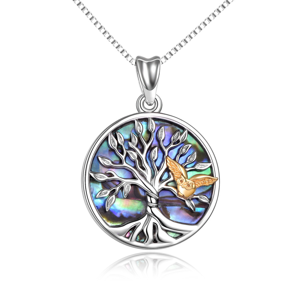 Collier en argent sterling bicolore avec coquillage d'ormeau et hibou, arbre de vie, cercle pour femmes et hommes-1