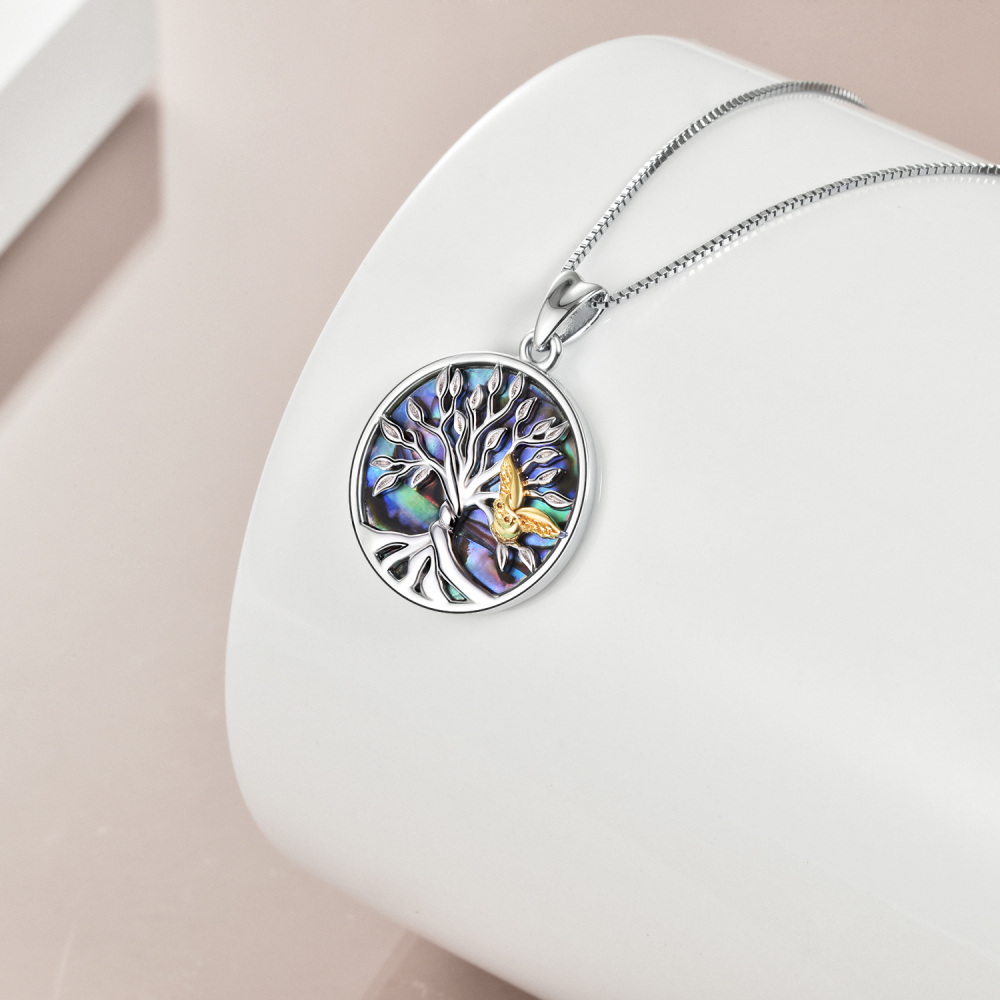 Collier en argent sterling bicolore avec coquillage d'ormeau et hibou, arbre de vie, cercle pour femmes et hommes-4