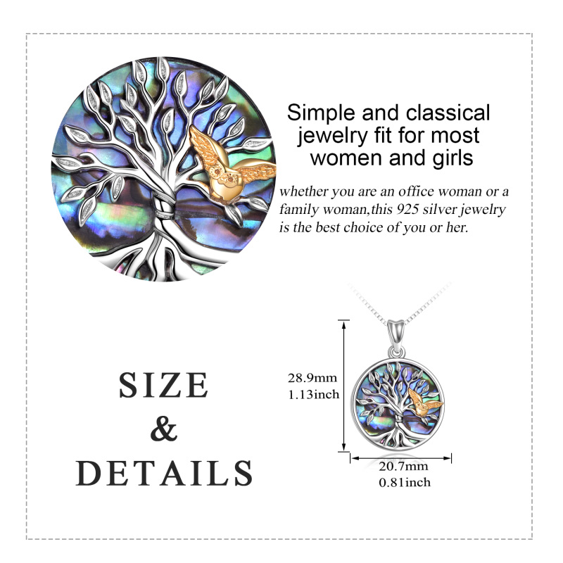 Sterling Silver Two-tone Abalone Shellfish Owl Tree Of Life Circle Necklace for Women Men-5