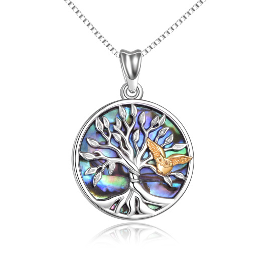 Sterling Silver Two-tone Abalone Shellfish Owl & Tree Of Life Pendant Necklace