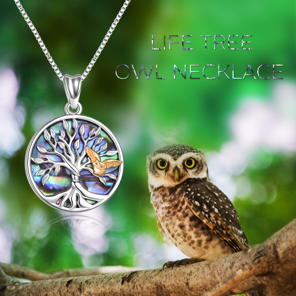 Collar con colgante de plata de ley bicolor Abalone Shellfish Owl & Tree Of Life-3