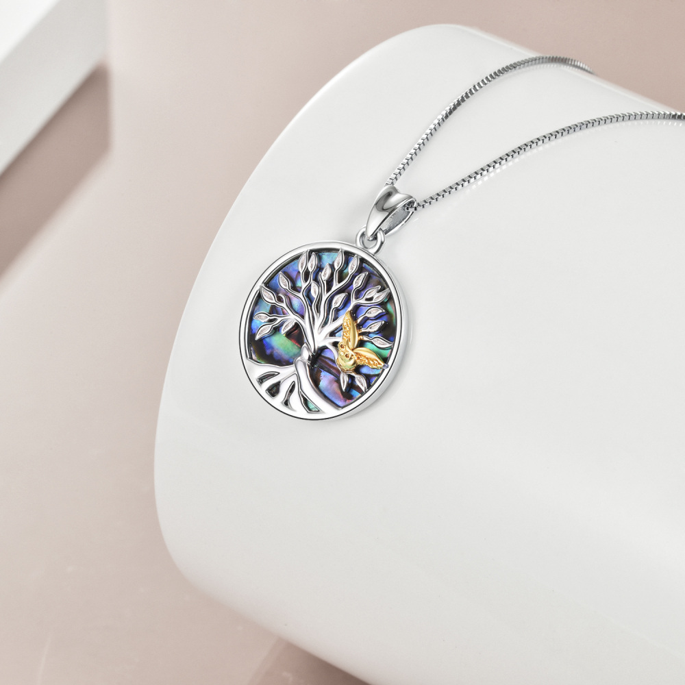 Collar con colgante de plata de ley bicolor Abalone Shellfish Owl & Tree Of Life-5