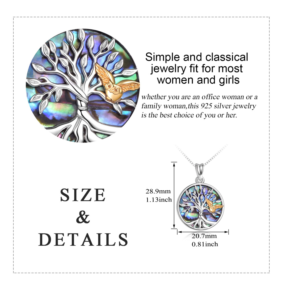 Collar con colgante de plata de ley bicolor Abalone Shellfish Owl & Tree Of Life-6
