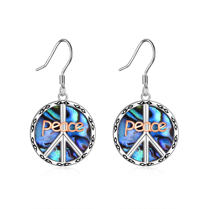 Orecchini pendenti con simbolo della pace in argento sterling bicolore con crostacei abalone