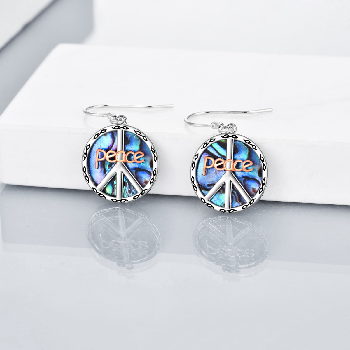 Brincos de prata esterlina com dois tons de Abalone Shellfish Peace Symbol Drop Earrings-2