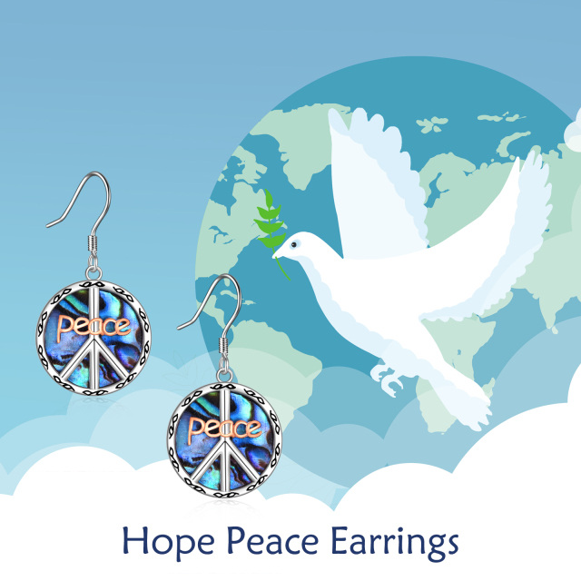 Brincos de prata esterlina com dois tons de Abalone Shellfish Peace Symbol Drop Earrings-6