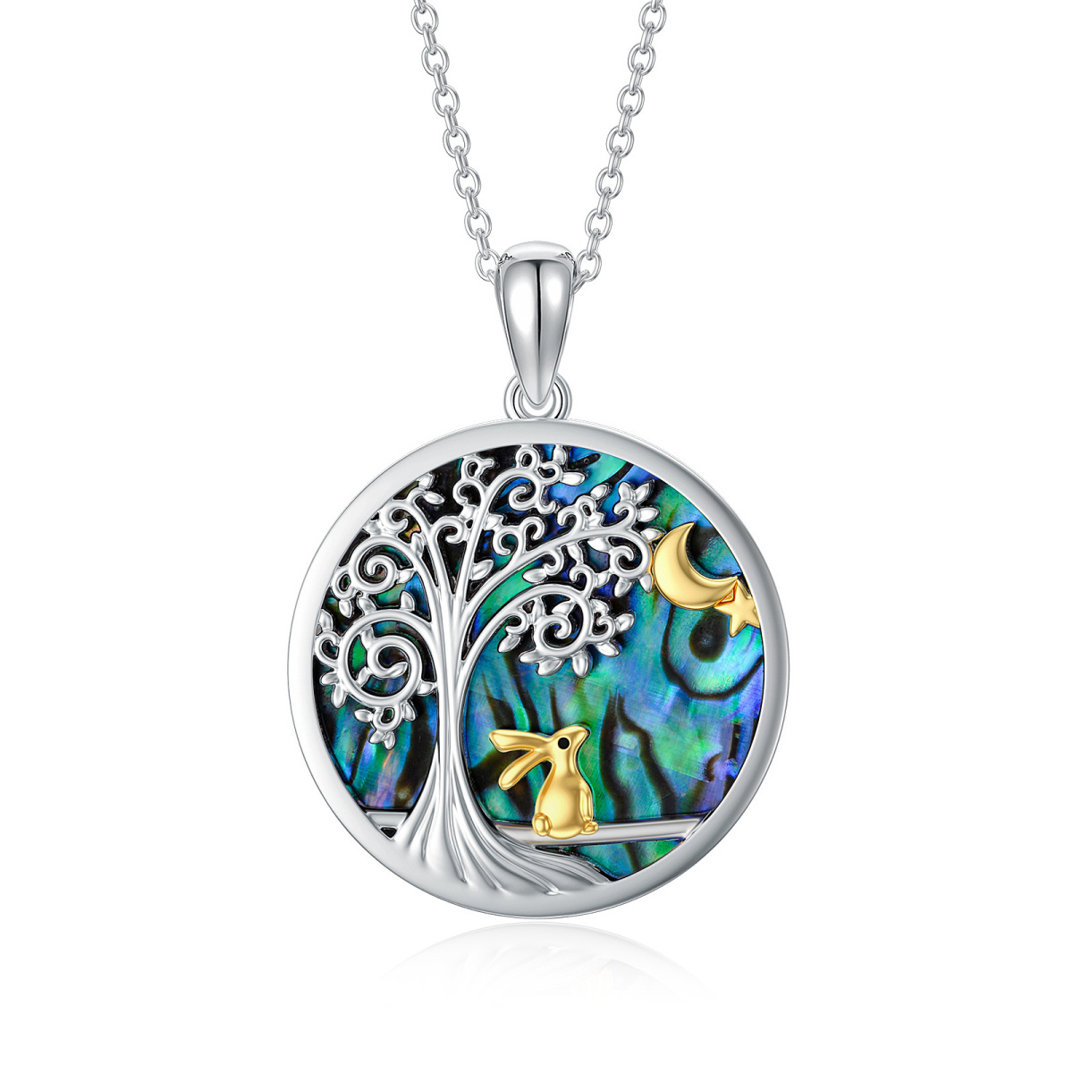 Sterling Silver Two-Tone Abalone Shellfish Rabbit With Tree Of Life With Moon Pendant Necklace For Women Best Friend-1