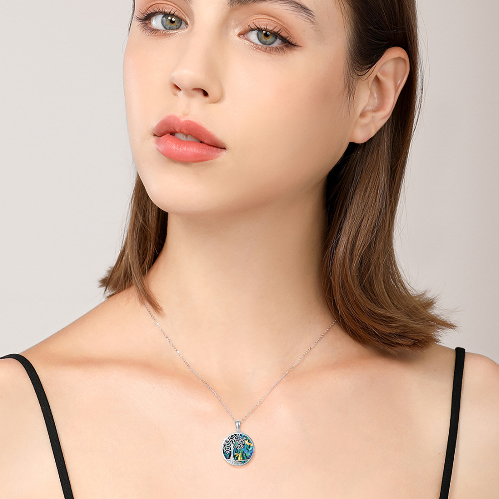 Sterling zilveren tweekleurige Abalone schelpdieren konijn met levensboom met maan hanger ketting voor vrouwen beste vriend-2