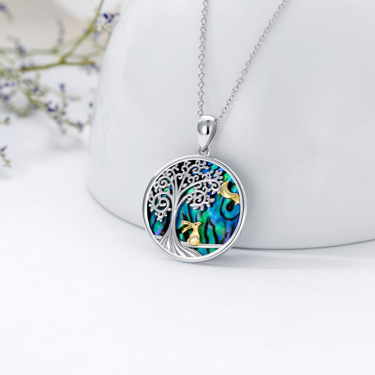 Sterling Silver Two-Tone Abalone Shellfish Rabbit With Tree Of Life With Moon Pendant Necklace For Women Best Friend-3