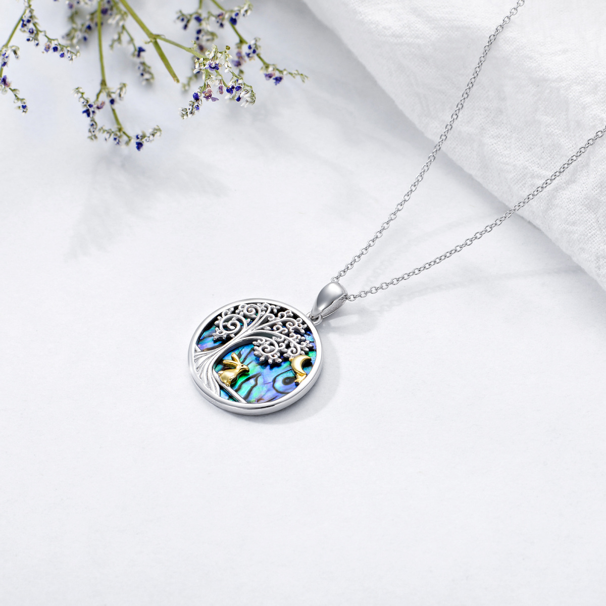 Sterling Silver Two-Tone Abalone Shellfish Rabbit With Tree Of Life With Moon Pendant Necklace For Women Best Friend-4