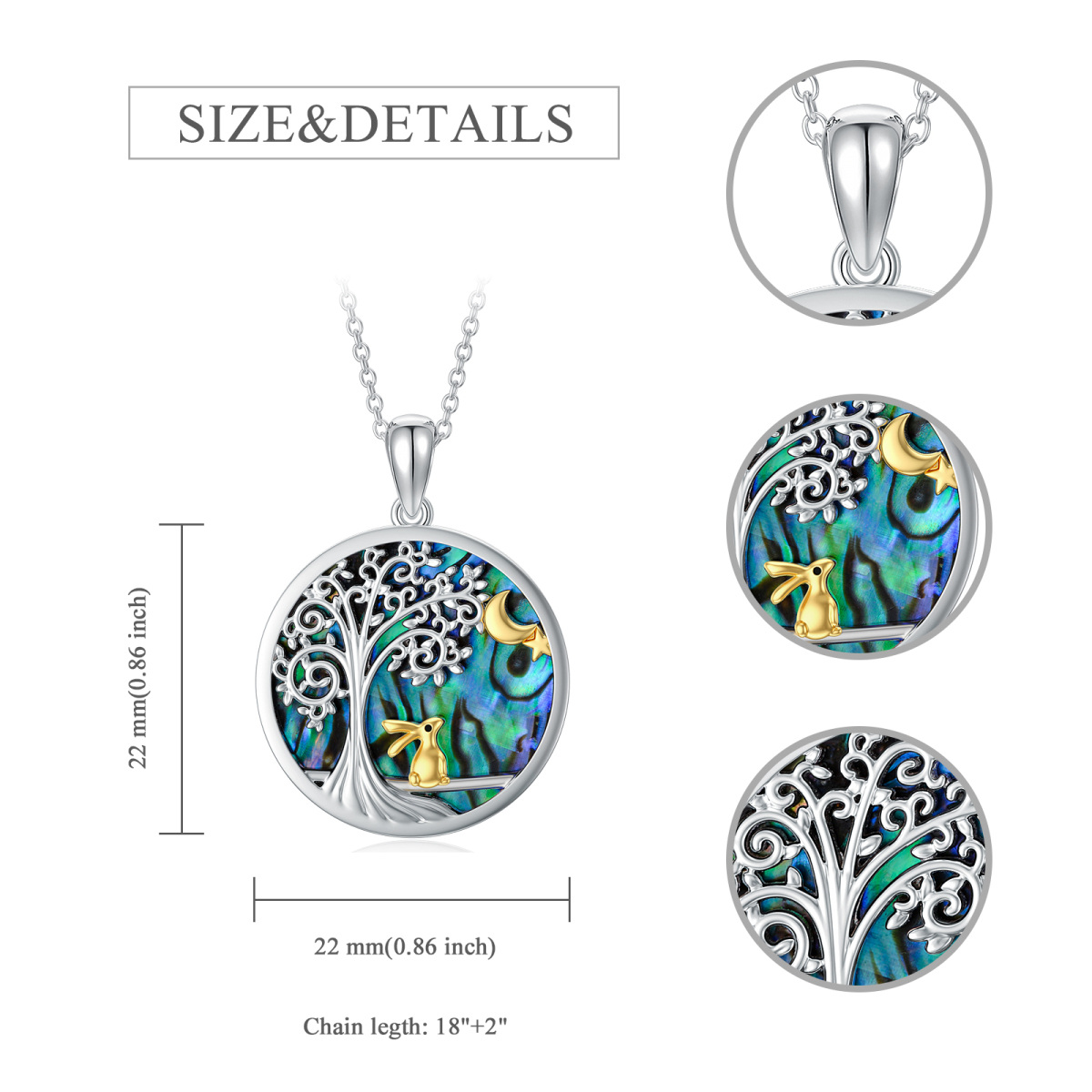 Sterling Silver Two-Tone Abalone Shellfish Rabbit With Tree Of Life With Moon Pendant Necklace For Women Best Friend-5