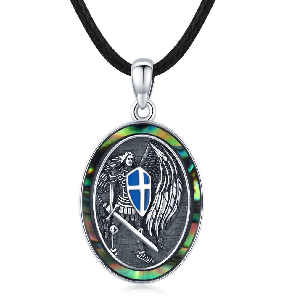 Sterling Silver Two-tone Abalone Shellfish Saint Michael Pendant Necklace-1
