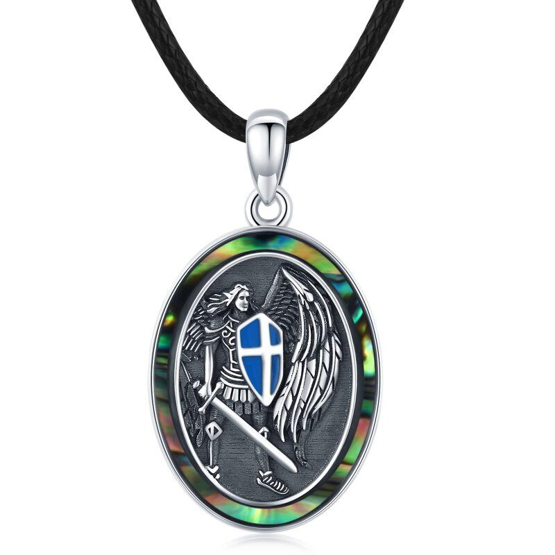 Sterling Silver Two-tone Abalone Shellfish Saint Michael Pendant Necklace-14