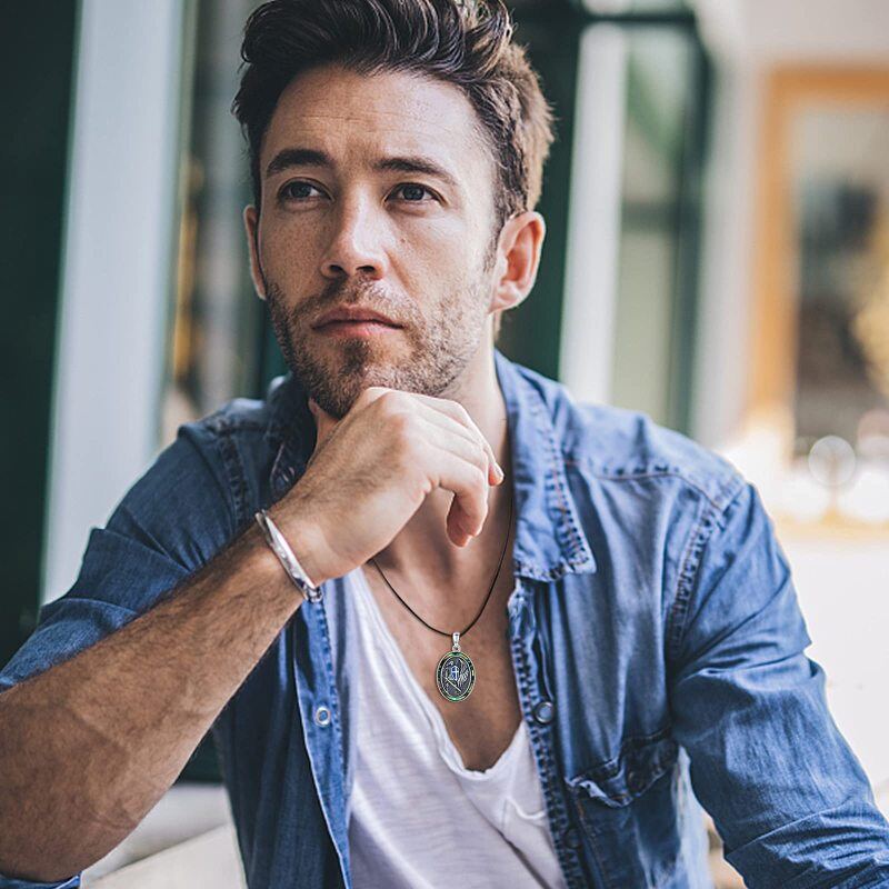 Sterling Silver Two-tone Abalone Shellfish Saint Michael Pendant Necklace-3