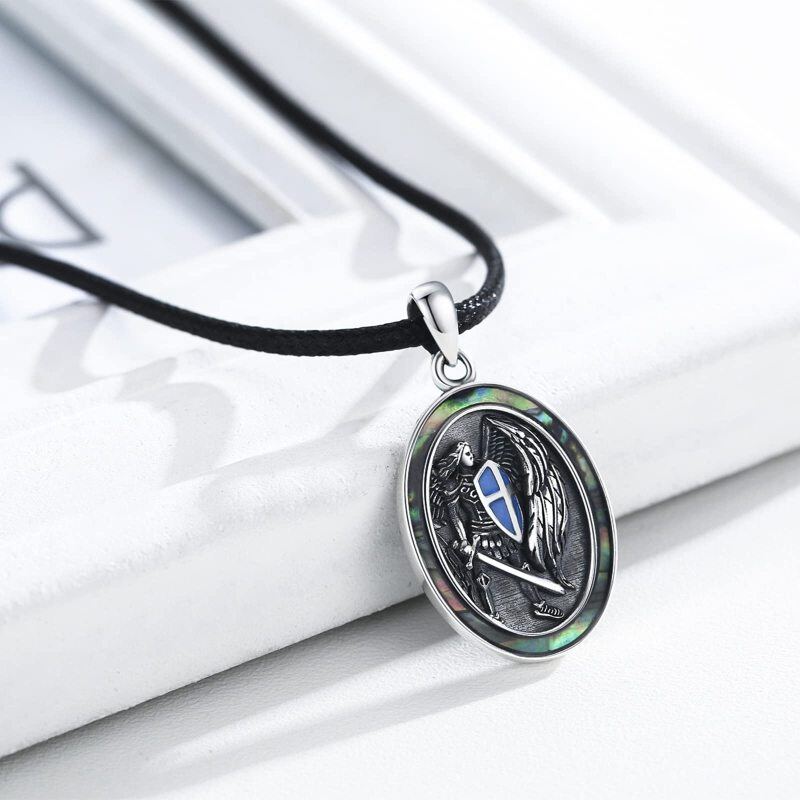 Sterling Silver Two-tone Abalone Shellfish Saint Michael Pendant Necklace-5