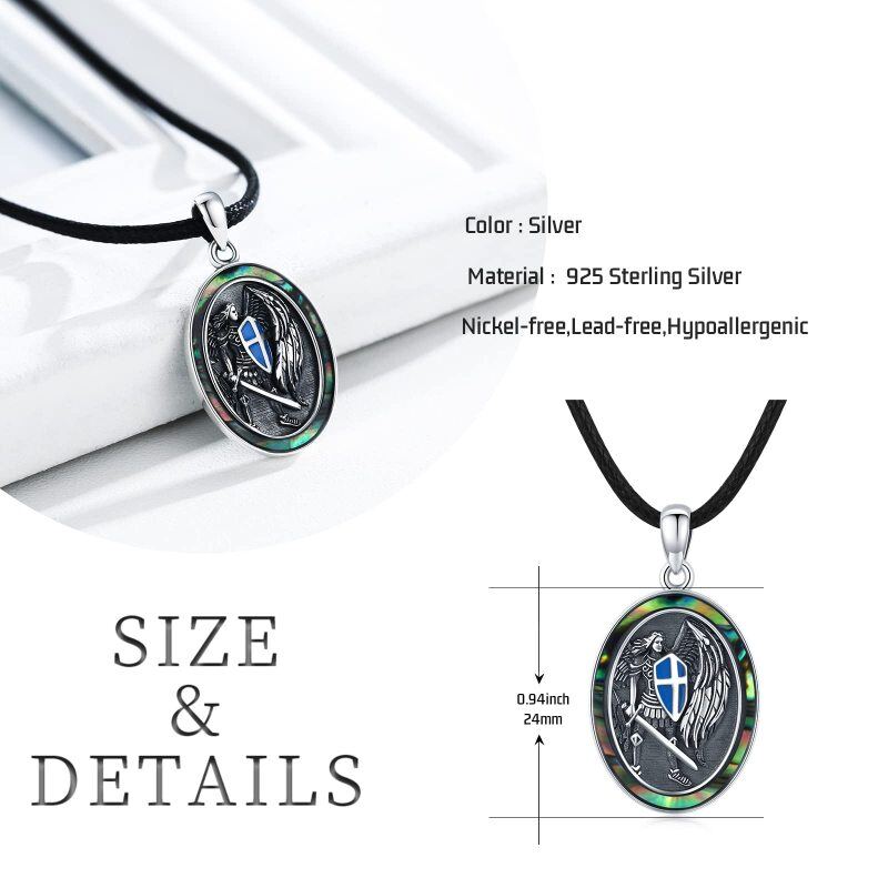 Sterling Silver Two-tone Abalone Shellfish Saint Michael Pendant Necklace-6