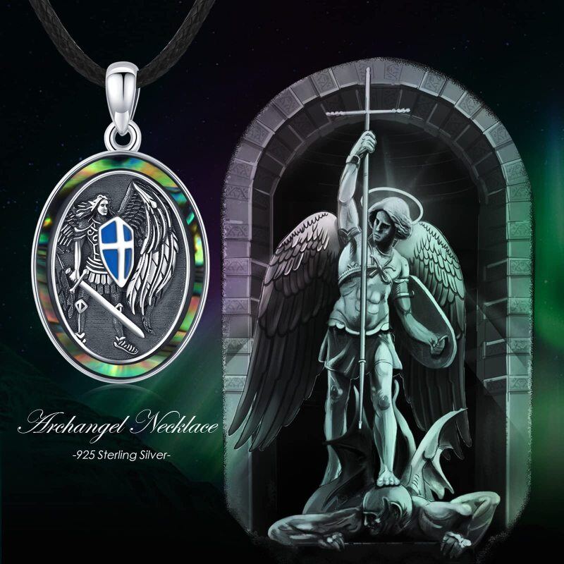 Sterling Silver Two-tone Abalone Shellfish Saint Michael Pendant Necklace-7