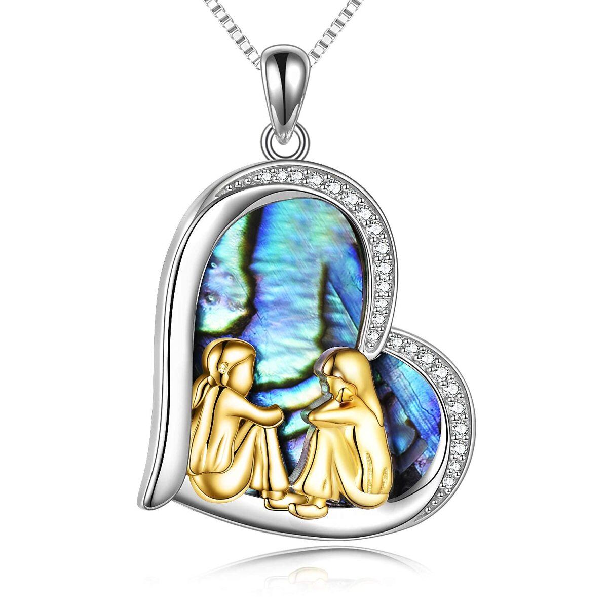 Sterling Silver Two-tone Abalone Shellfish Sisters & Heart Pendant Necklace with Engraved Word-1