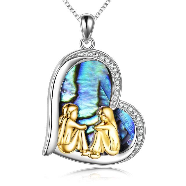 Sterling Silver Two-tone Abalone Shellfish Sisters & Heart Pendant Necklace with Engraved Word-1