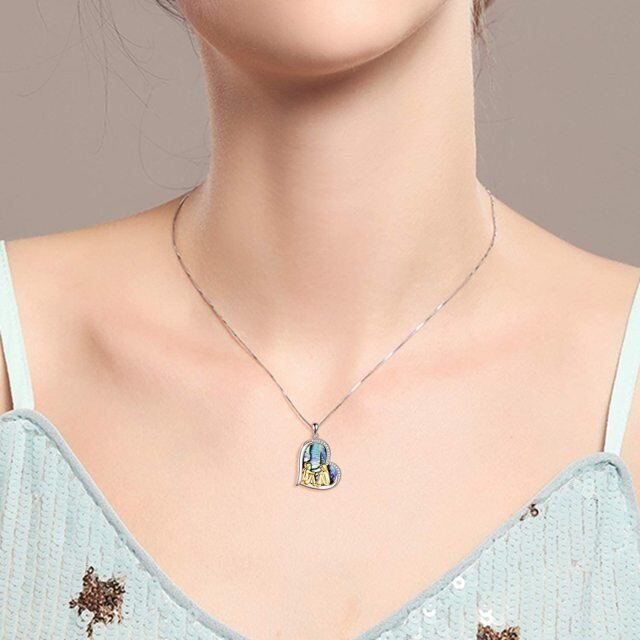 Collar de plata de ley bicolor con colgante de abalorios y corazón con palabra grabada-2