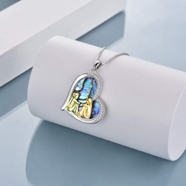 Sterling zilveren tweekleurige abalone schaaldieren zusters hart hanger ketting met gegraveerd woord-3