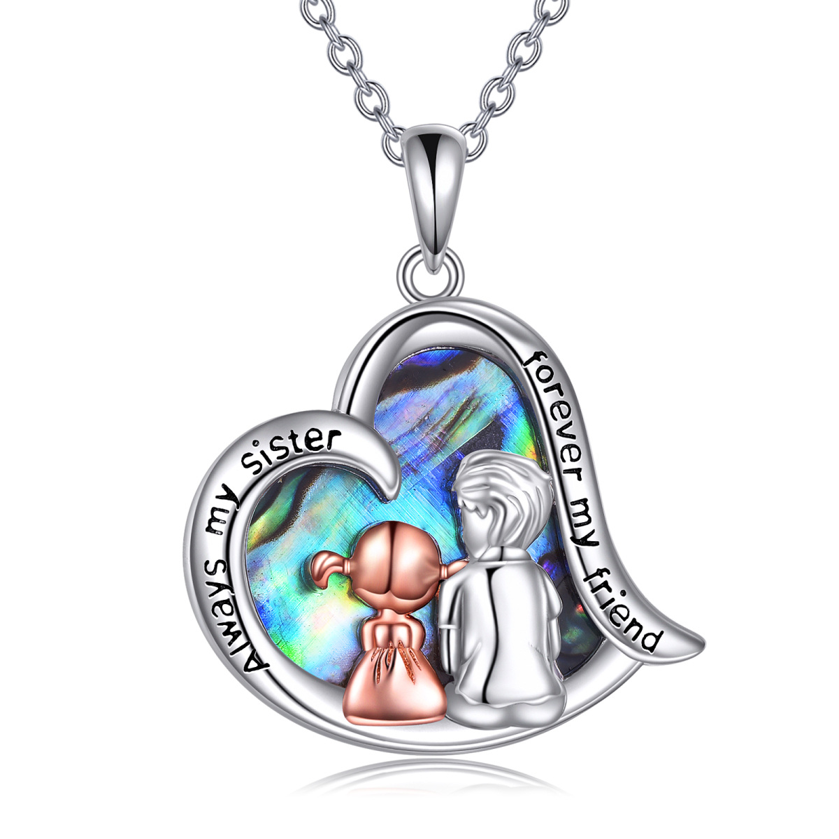 Sterling Silver Two-tone Abalone Shellfish Sisters & Heart Pendant Necklace with Engraved Word-1