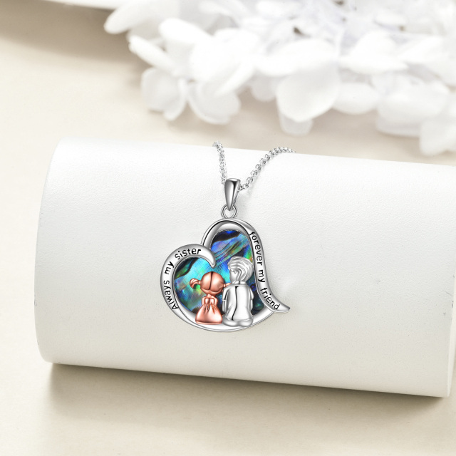 Sterling Silver Two-tone Abalone Shellfish Sisters & Heart Pendant Necklace with Engraved Word-4