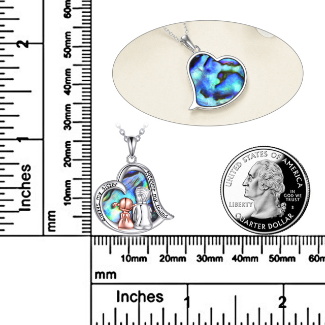 Sterling Silver Two-tone Abalone Shellfish Sisters & Heart Pendant Necklace with Engraved Word-6