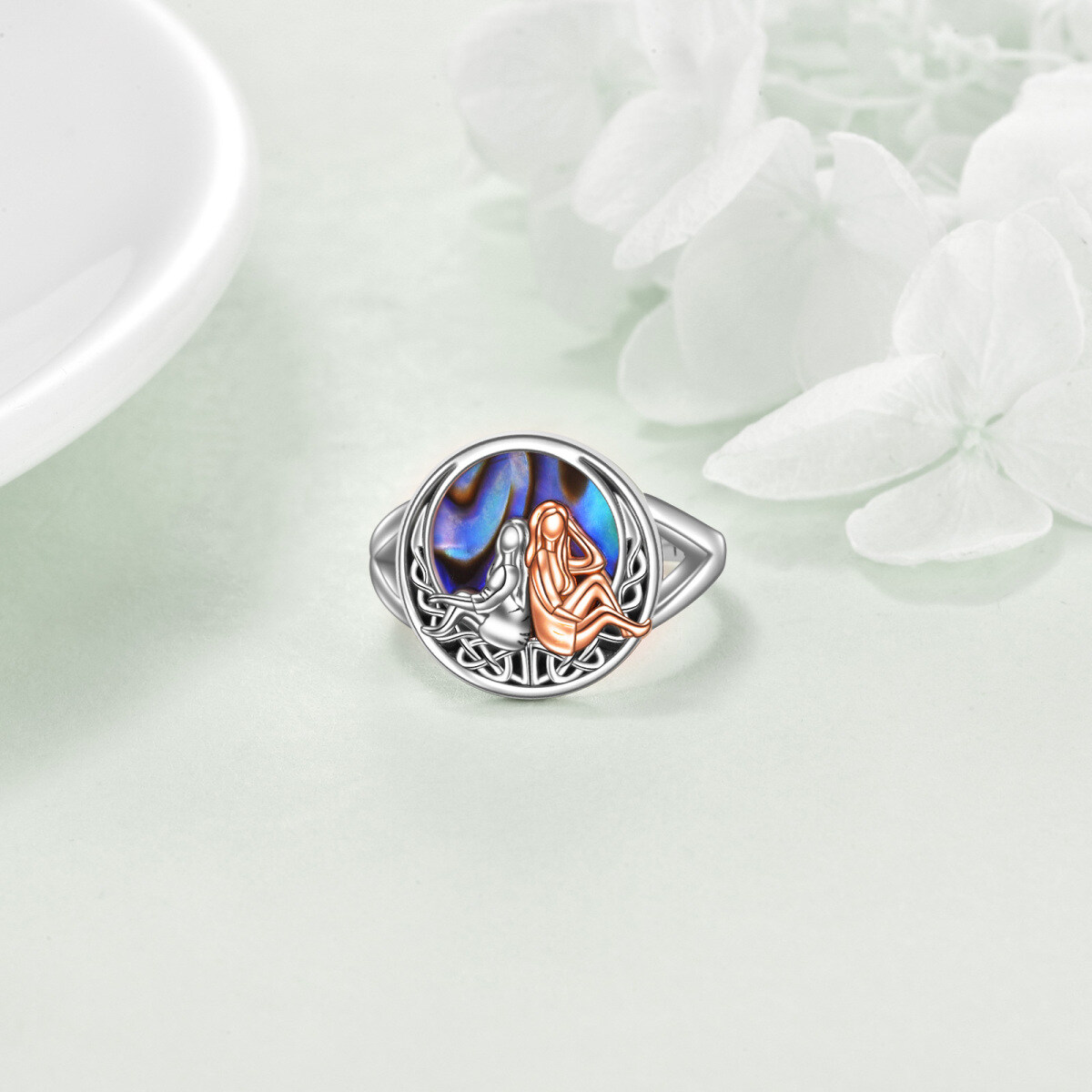 Zweifarbiger Abalone Shellfish Sisters-Ring aus Sterlingsilber mit eingraviertem Wort-3