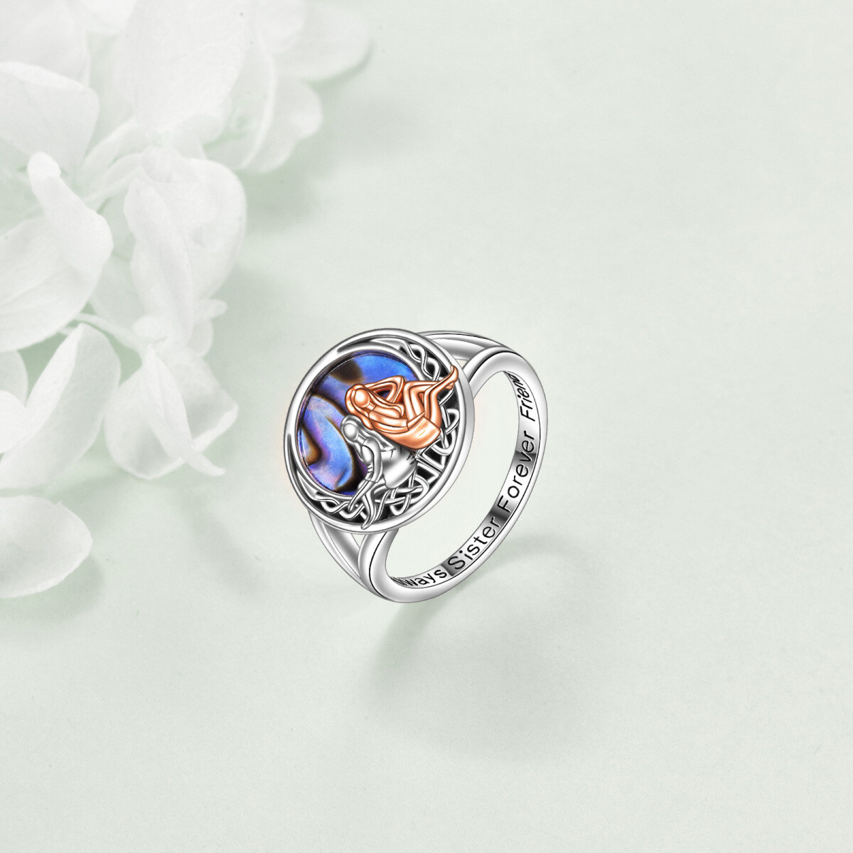 Zweifarbiger Abalone Shellfish Sisters-Ring aus Sterlingsilber mit eingraviertem Wort-4