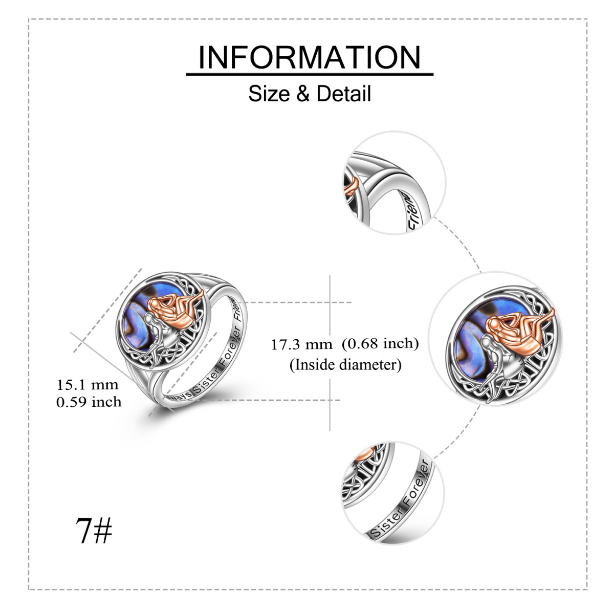 Zweifarbiger Abalone Shellfish Sisters-Ring aus Sterlingsilber mit eingraviertem Wort-5