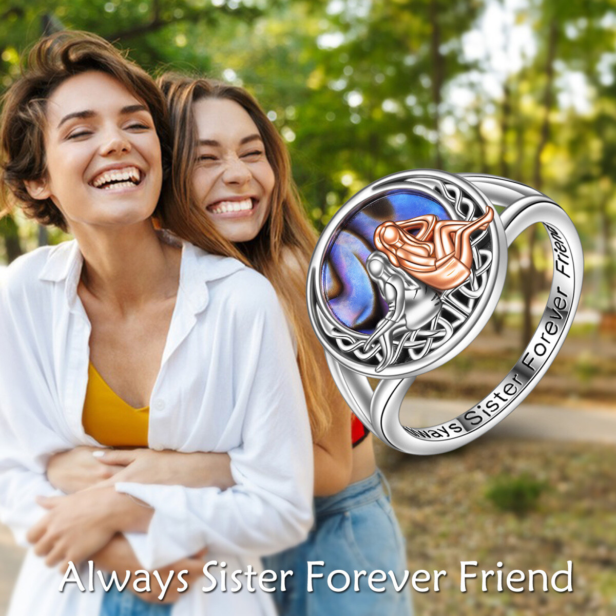 Zweifarbiger Abalone Shellfish Sisters-Ring aus Sterlingsilber mit eingraviertem Wort-6