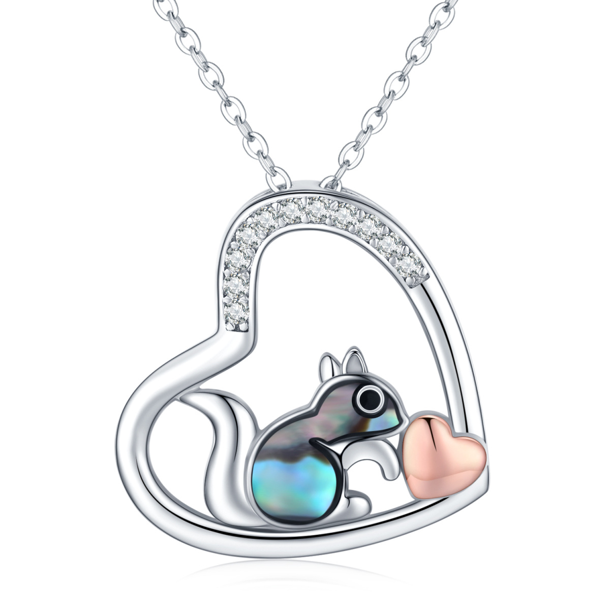 Collier en argent sterling avec pendentif écureuil et coeur en coquillage abalone bicolore-1