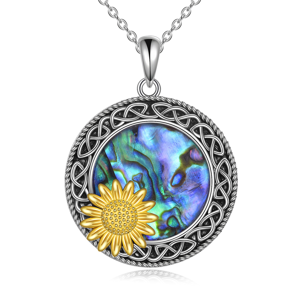 Collier en argent sterling bicolore Abalone Shellfish Sunflower & Celtic Knot & Round Pend-1