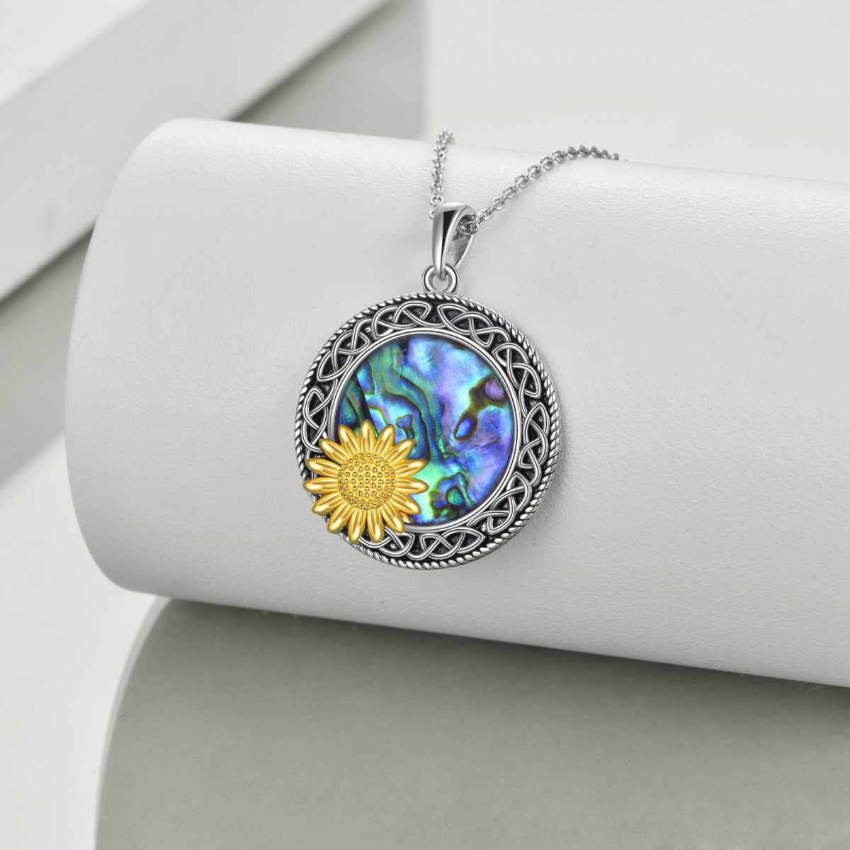 Sterling Silver Two-tone Abalone Shellfish Sunflower & Celtic Knot & Round Pendant Necklace-3