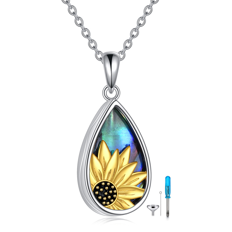 Collar de plata de ley bicolor Abalone Shellfish Sunflower & Drop Shape Urn con palabra gr-1