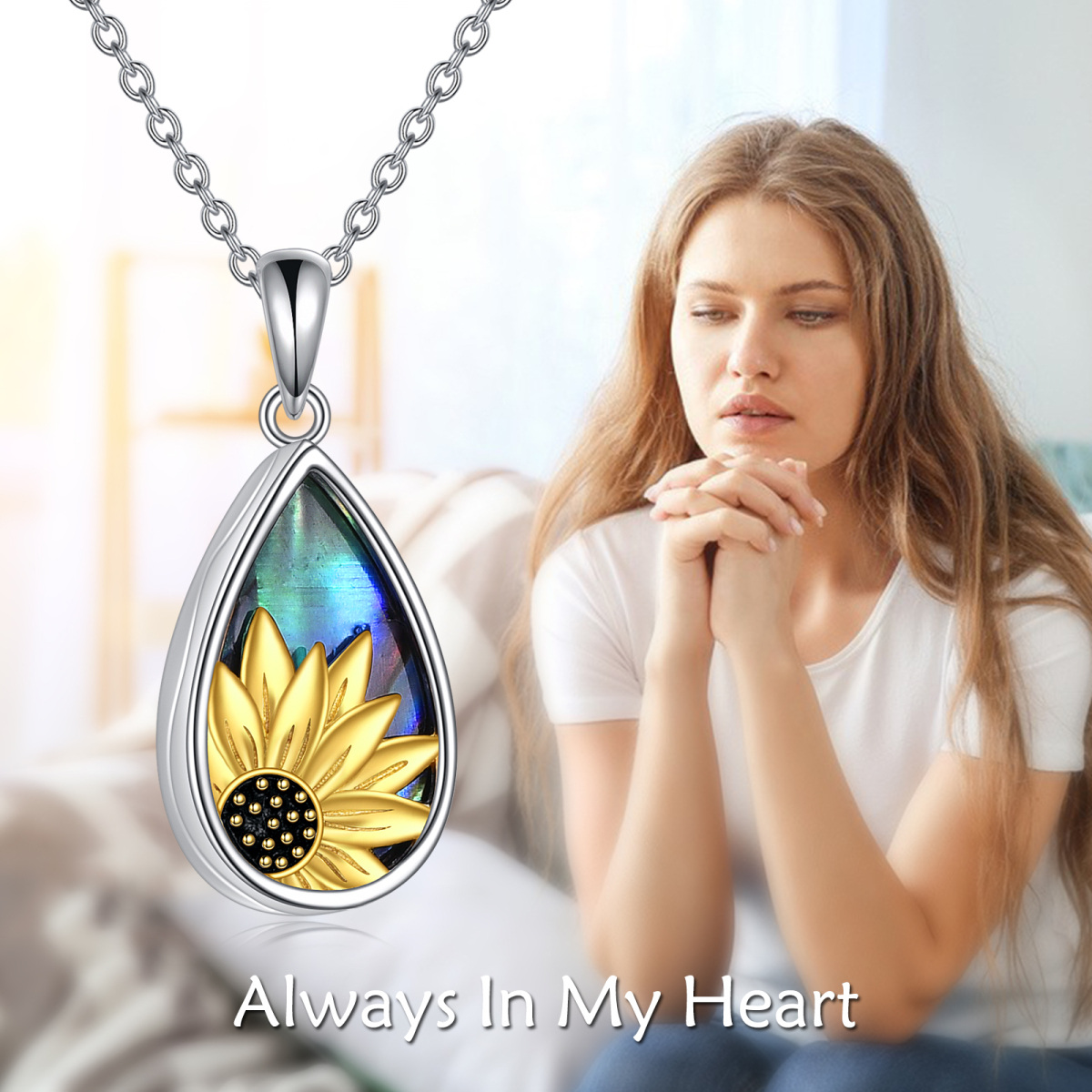 Collana in argento sterling bicolore con conchiglia Abalone a forma di girasole e goccia per le ceneri con parola incisa-6