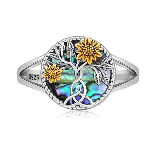 Sterling Silver Two-tone Abalone Shellfish Sunflower & Tree Of Life Ring for Women-1